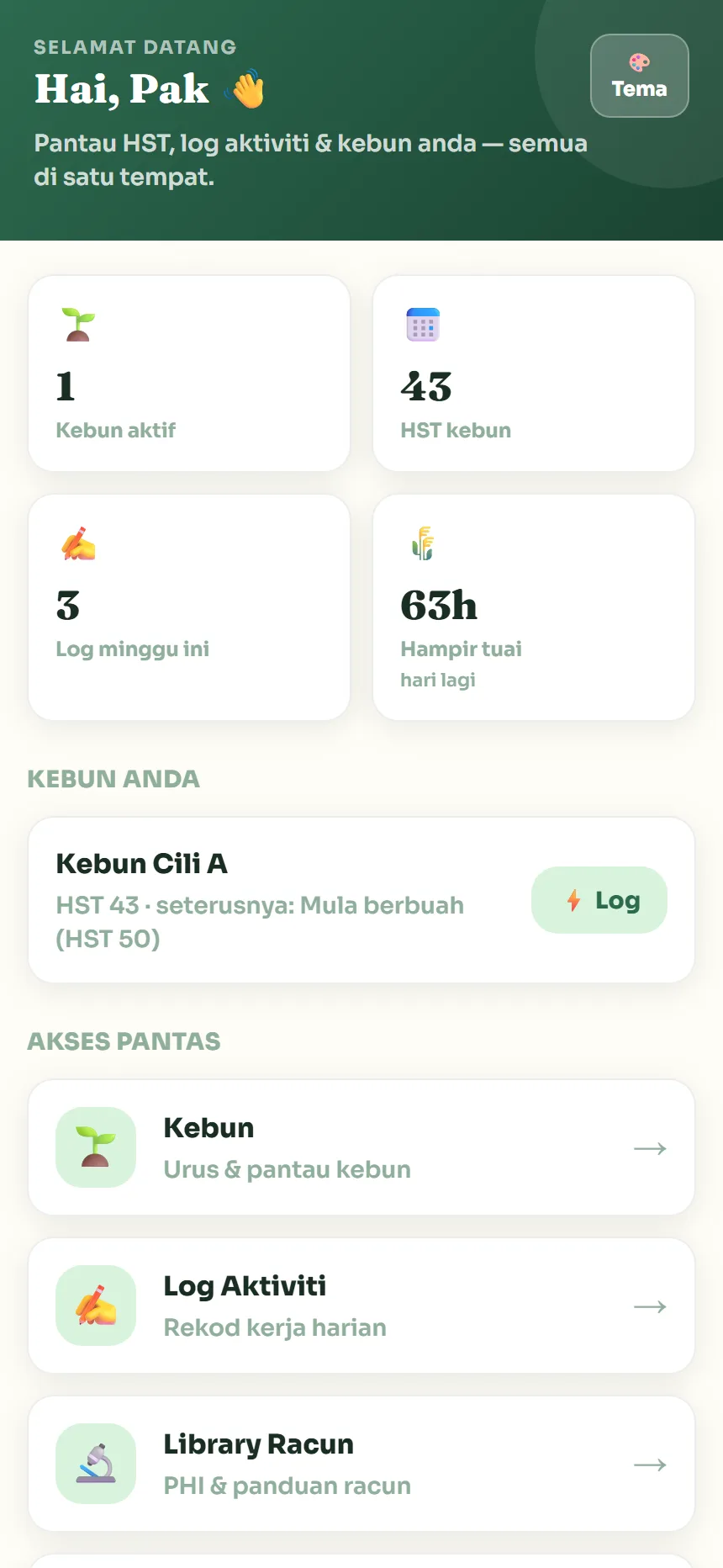 Dashboard KebunLog dengan jejak HST