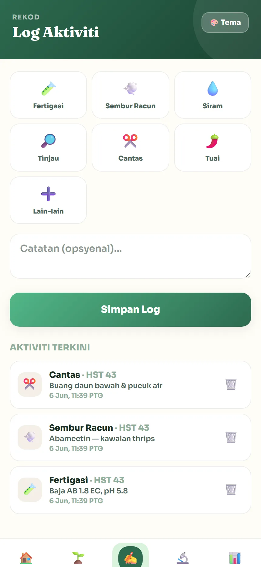 Skrin log aktiviti harian